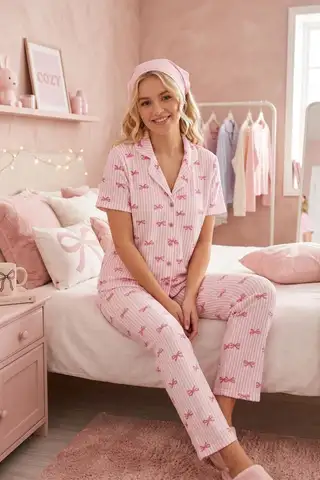 Pembe Kurdele Desenli Bürümçük kumaş Kısa Kollu Pijama Takımı 6064 - 4