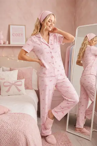 Pembe Kurdele Desenli Bürümçük kumaş Kısa Kollu Pijama Takımı 6064 - 6