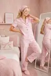 Pembe Kurdele Desenli Bürümçük kumaş Kısa Kollu Pijama Takımı 6064 - Görsel 6