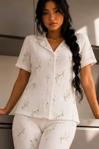 Kadın Zarif Yaka Dokulu Ferah Çok Renkli Pijama Takımı - 3