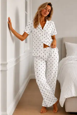 Kadın Loose Kalıp Pamuklu Kar Beyaz Pijama Takımı - 1