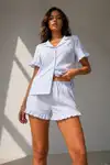 Kadın Süprem Gömlek Şort Düğme Mavi Pijama Takımı - Görsel 1