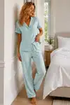Kadın Loose Kalıp Pamuklu Su Yeşili Pijama Takımı - Görsel 1