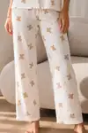 Kadın Loose Uzun Paça Pamuk Kırık Beyaz Pijama Takımı - Görsel 4