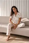 Kadın Loose Uzun Paça Pamuk Kırık Beyaz Pijama Takımı - Görsel 5