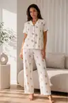 Kadın Loose Uzun Paça Pamuk Kırık Beyaz Pijama Takımı - Görsel 6