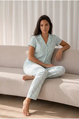 Kadın Loose Uzun Paça Pamuk Su Yeşili Pijama Takımı - 2
