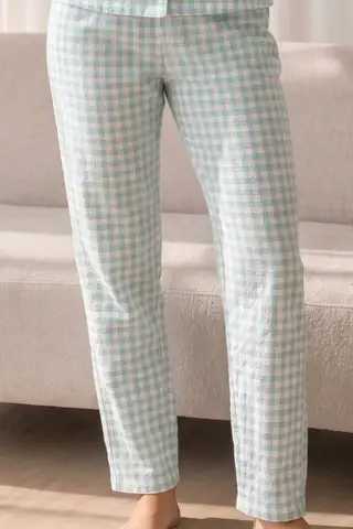 Kadın Loose Uzun Paça Pamuk Su Yeşili Pijama Takımı - 4