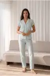 Kadın Loose Uzun Paça Pamuk Su Yeşili Pijama Takımı - Görsel 6