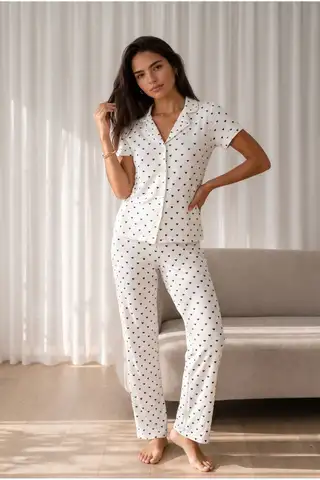 Kadın Loose Uzun Paça Pamuk Kar Beyaz Pijama Takımı - 5