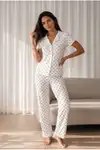 Kadın Loose Uzun Paça Pamuk Kar Beyaz Pijama Takımı - Görsel 5