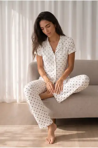 Kadın Loose Uzun Paça Pamuk Kar Beyaz Pijama Takımı - 6