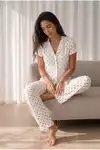 Kadın Loose Uzun Paça Pamuk Kar Beyaz Pijama Takımı - Görsel 6