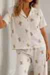 Kadın Loose Kalıp Pamuklu Kırık Beyaz Pijama Takımı - Görsel 3