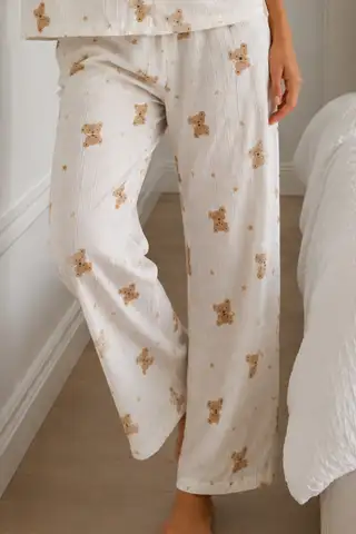 Kadın Loose Kalıp Pamuklu Kırık Beyaz Pijama Takımı - 4