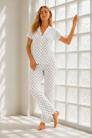 Kadın Genç Loose İpliği Boyalı Kar Beyaz Pijama Takımı - 5
