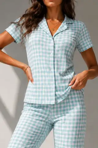 Kadın Klasik Doğal Düğme Gece Su Yeşili Pijama Takımı - 3