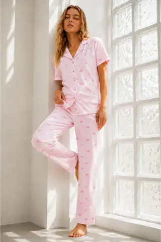 Kadın Genç Loose İpliği Boyalı Pembe Pijama Takımı - 5