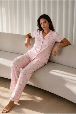 Kadın Loose Uzun Paça Pamuk Pembe Pijama Takımı - 1