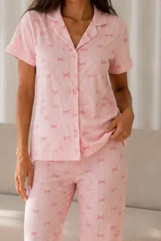 Kadın Loose Uzun Paça Pamuk Pembe Pijama Takımı - 3