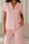 Kadın Loose Uzun Paça Pamuk Pembe Pijama Takımı - Görsel 3