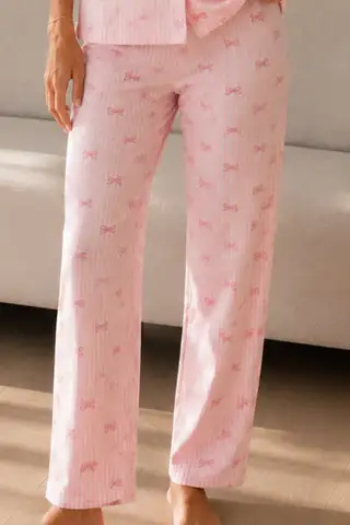 Kadın Loose Uzun Paça Pamuk Pembe Pijama Takımı - 4