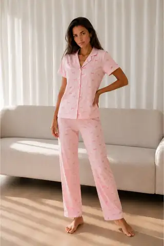 Kadın Loose Uzun Paça Pamuk Pembe Pijama Takımı - 5