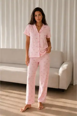 Kadın Loose Uzun Paça Pamuk Pembe Pijama Takımı - 6