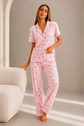 Kadın Kısa Kol Rahat Kalıp Şık Pembe Pijama Takımı - 5
