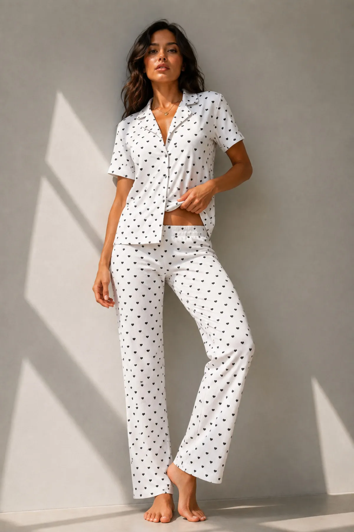 Kadın Klasik Doğal Düğme Gece Kar Beyaz Pijama Takımı