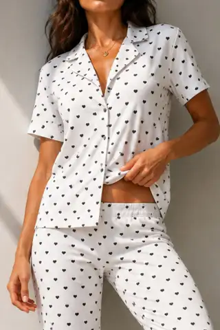 Kadın Klasik Doğal Düğme Gece Kar Beyaz Pijama Takımı - 3