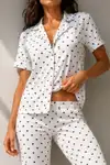 Kadın Klasik Doğal Düğme Gece Kar Beyaz Pijama Takımı - Görsel 3