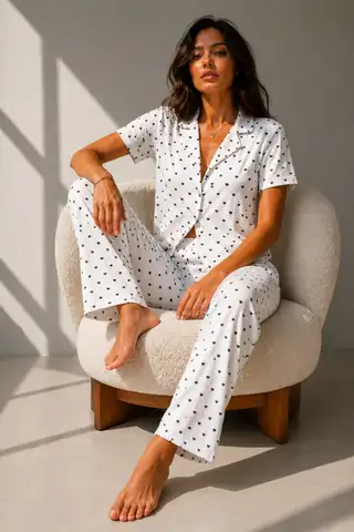 Kadın Klasik Doğal Düğme Gece Kar Beyaz Pijama Takımı - 5