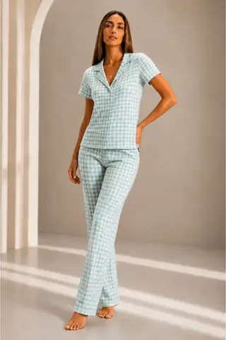 Kadın Kısa Kol Rahat Kalıp Şık Su Yeşili Pijama Takımı - 1