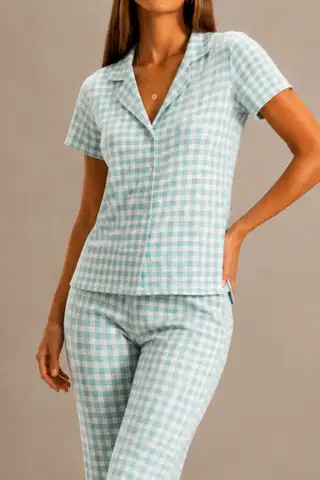 Kadın Kısa Kol Rahat Kalıp Şık Su Yeşili Pijama Takımı - 3