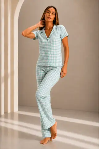Kadın Kısa Kol Rahat Kalıp Şık Su Yeşili Pijama Takımı - 6