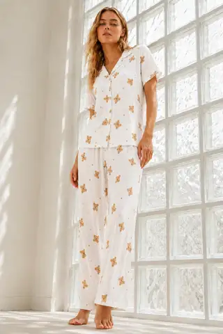Kadın Genç Loose İpliği Boyalı Kırık Beyaz Pijama Takımı - 1