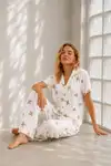 Kadın Genç Loose İpliği Boyalı Kırık Beyaz Pijama Takımı - Görsel 2