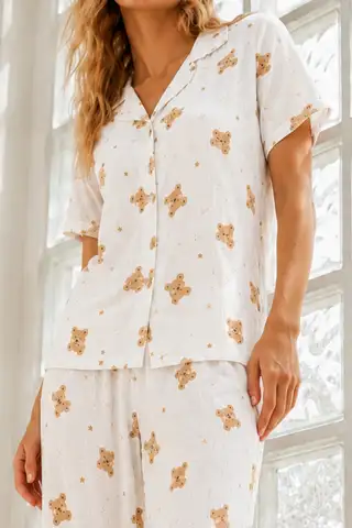 Kadın Genç Loose İpliği Boyalı Kırık Beyaz Pijama Takımı - 3