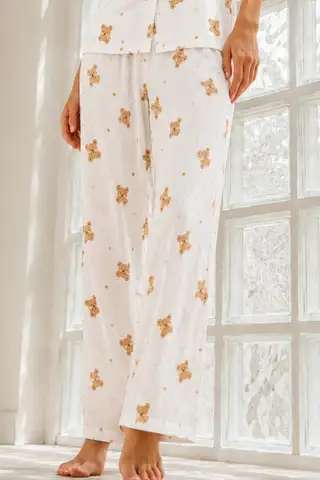Kadın Genç Loose İpliği Boyalı Kırık Beyaz Pijama Takımı - 4