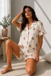 Kadın Süprem Gömlek Şort Düğme Kar Beyaz Pijama Takımı - Görsel 3