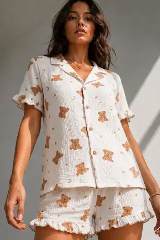 Kadın Süprem Gömlek Şort Düğme Kar Beyaz Pijama Takımı - 6