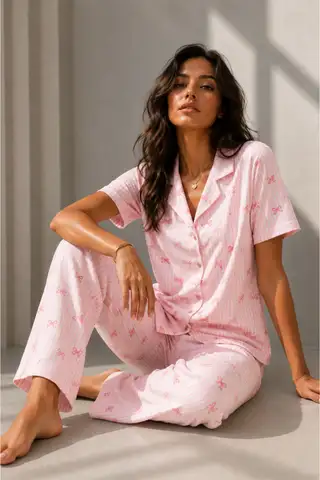 Kadın Klasik Doğal Düğme Gece Pembe Pijama Takımı - 2