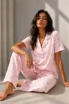 Kadın Klasik Doğal Düğme Gece Pembe Pijama Takımı - Görsel 2