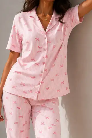 Kadın Klasik Doğal Düğme Gece Pembe Pijama Takımı - 3