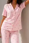 Kadın Klasik Doğal Düğme Gece Pembe Pijama Takımı - Görsel 3