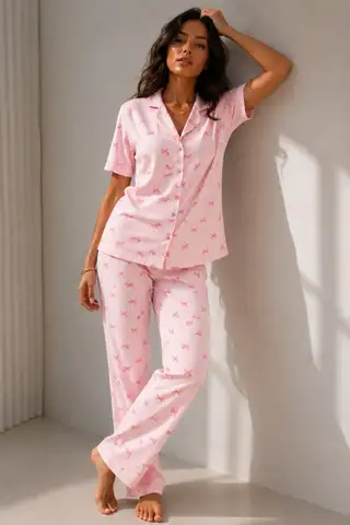 Kadın Klasik Doğal Düğme Gece Pembe Pijama Takımı - 5