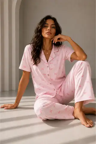Kadın Klasik Doğal Düğme Gece Pembe Pijama Takımı - 6