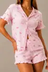 Kadın Günlük Düğmeli V Yaka Pembe Pijama Takımı - Görsel 6