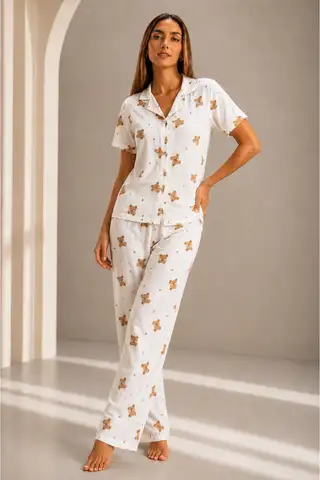 Kadın Kısa Kol Rahat Kalıp Şık Kırık Beyaz Pijama Takımı - 1